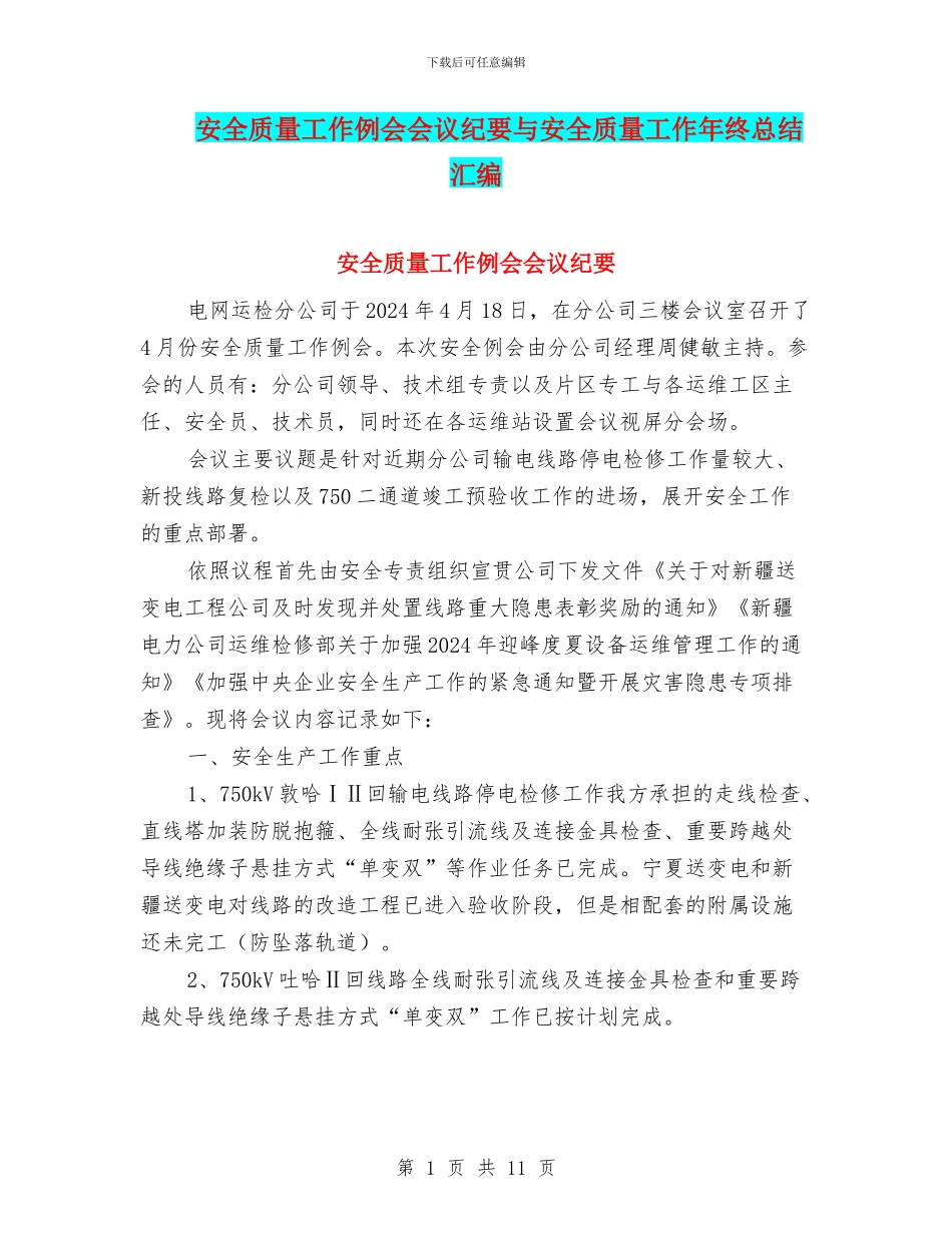 安全质量工作例会会议纪要与安全质量工作年终总结汇编_第1页