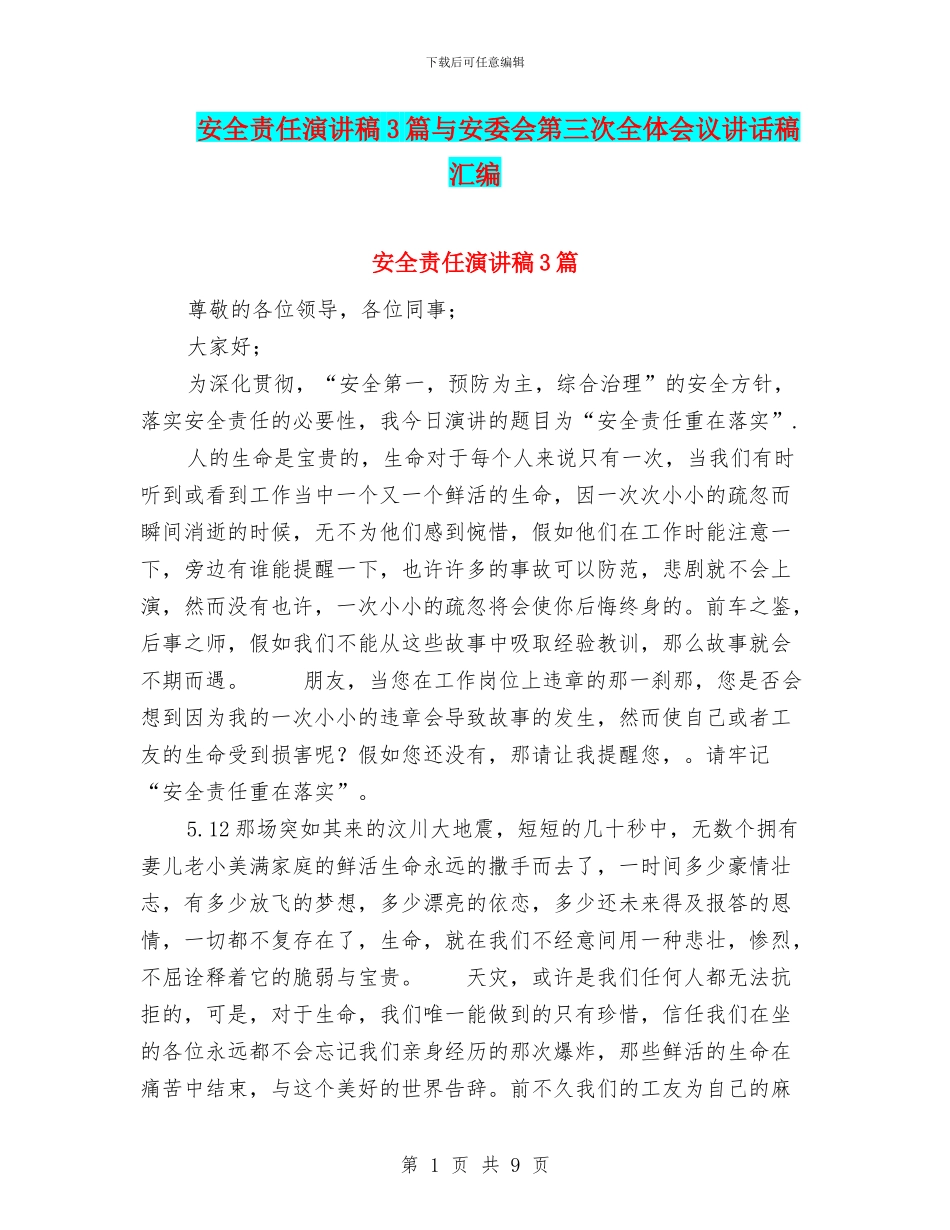 安全责任演讲稿3篇与安委会第三次全体会议讲话稿汇编_第1页