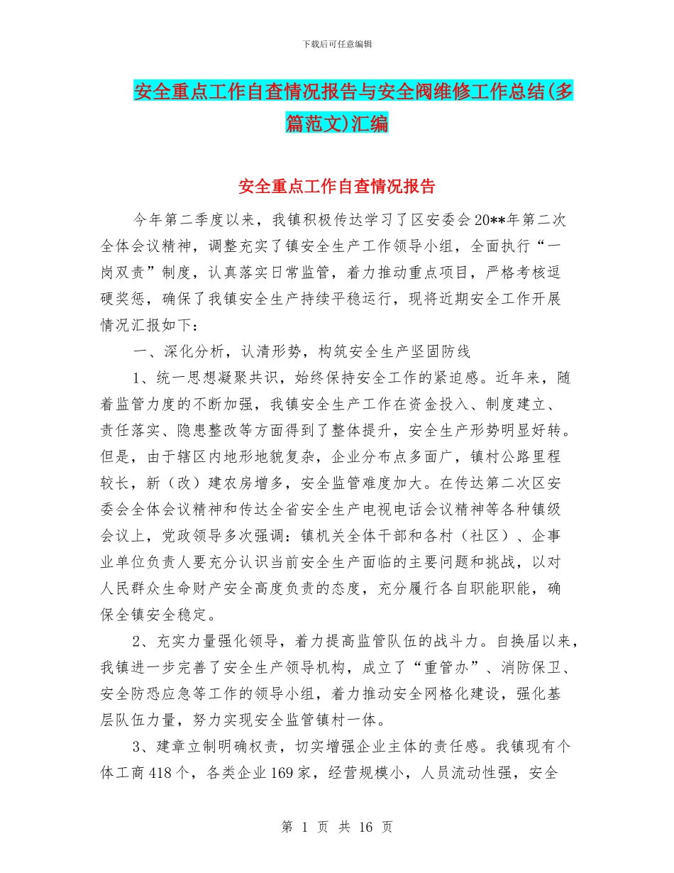 安全重点工作自查情况报告与安全阀维修工作总结汇编_第1页