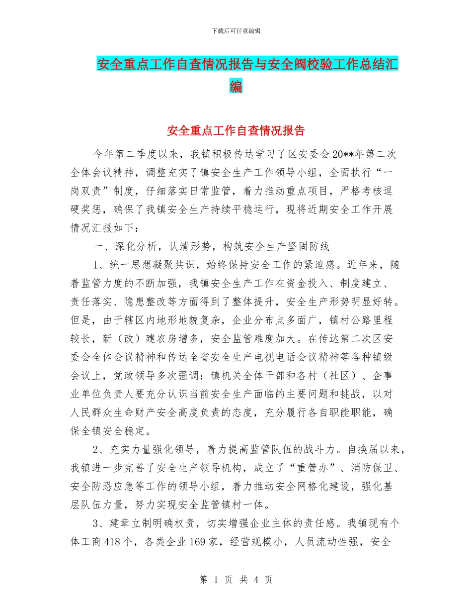 安全重点工作自查情况报告与安全阀校验工作总结汇编_第1页