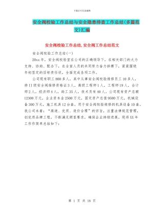 安全阀校验工作总结与安全隐患排查工作总结汇编