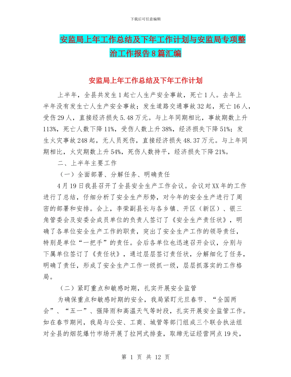 安监局上年工作总结及下年工作计划与安监局专项整治工作报告8篇汇编_第1页
