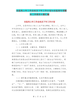 安监局上年工作总结及下年工作计划与安监局专项整治工作报告8篇汇编