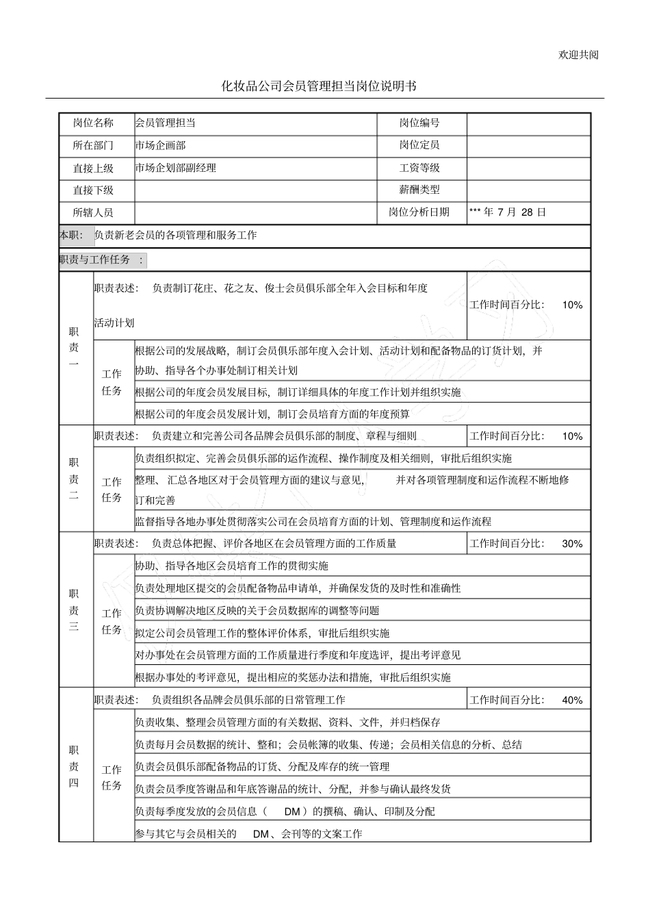 化妆品公司会员管理担当岗位说明书模板_第1页