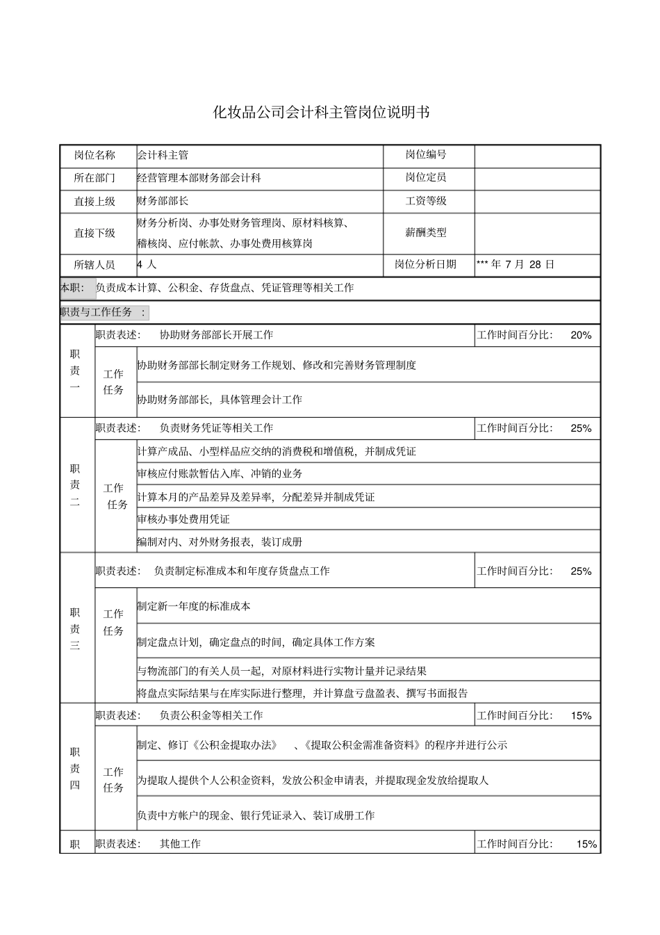 化妆品公司会计科主管岗位说明书_第1页