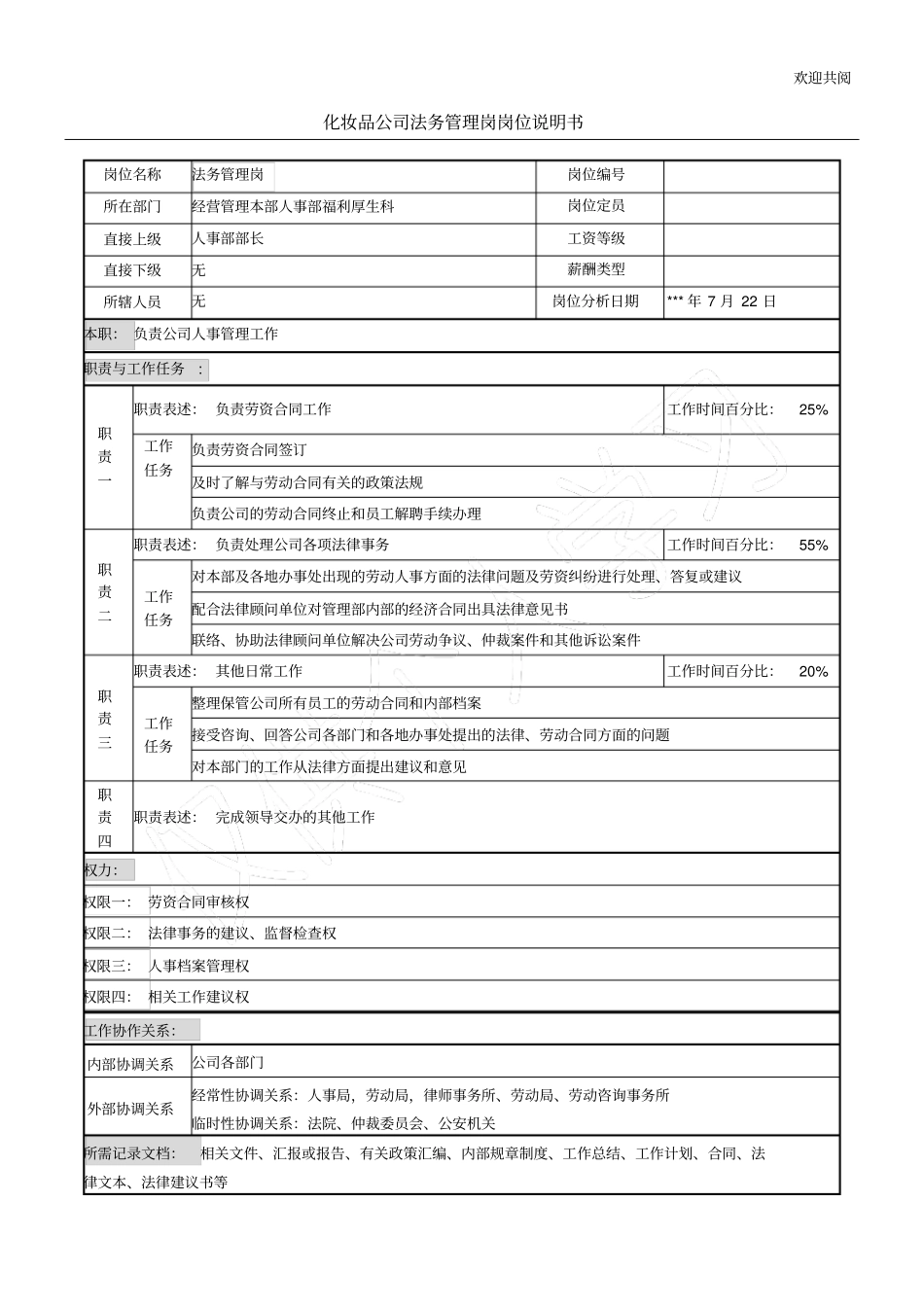 化妆品公司法务管理岗岗位说明书模板_第1页