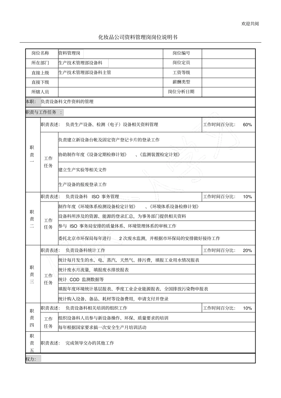化妆品公司资料管理岗岗位说明书模板_第1页