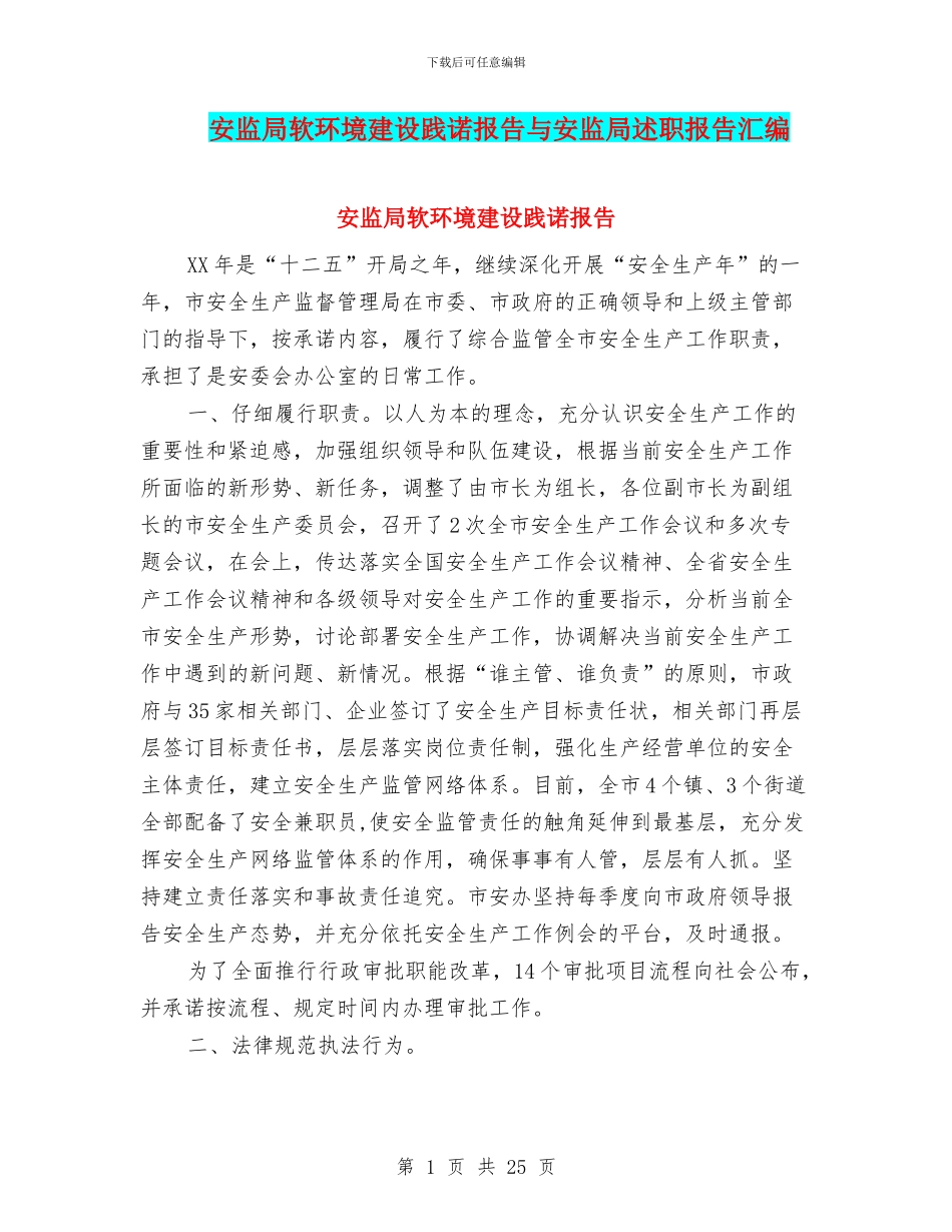 安监局软环境建设践诺报告与安监局述职报告汇编_第1页