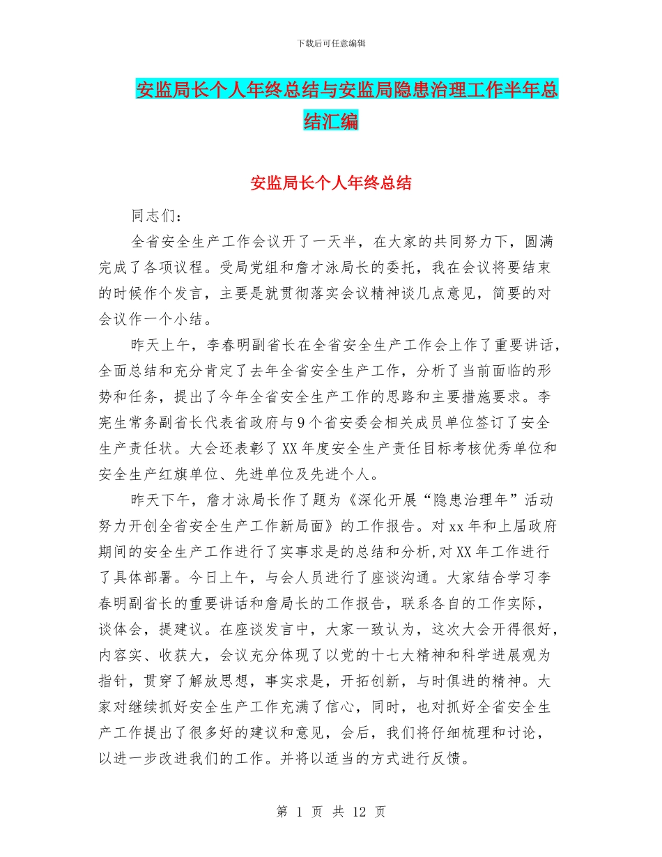 安监局长个人年终总结与安监局隐患治理工作半年总结汇编_第1页