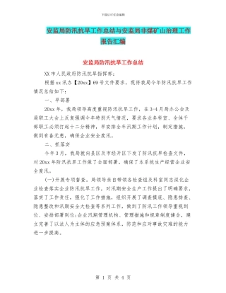 安监局防汛抗旱工作总结与安监局非煤矿山治理工作报告汇编