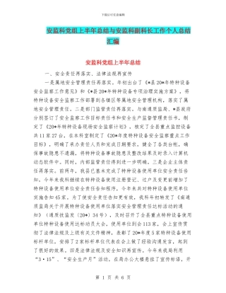 安监科党组上半年总结与安监科副科长工作个人总结汇编