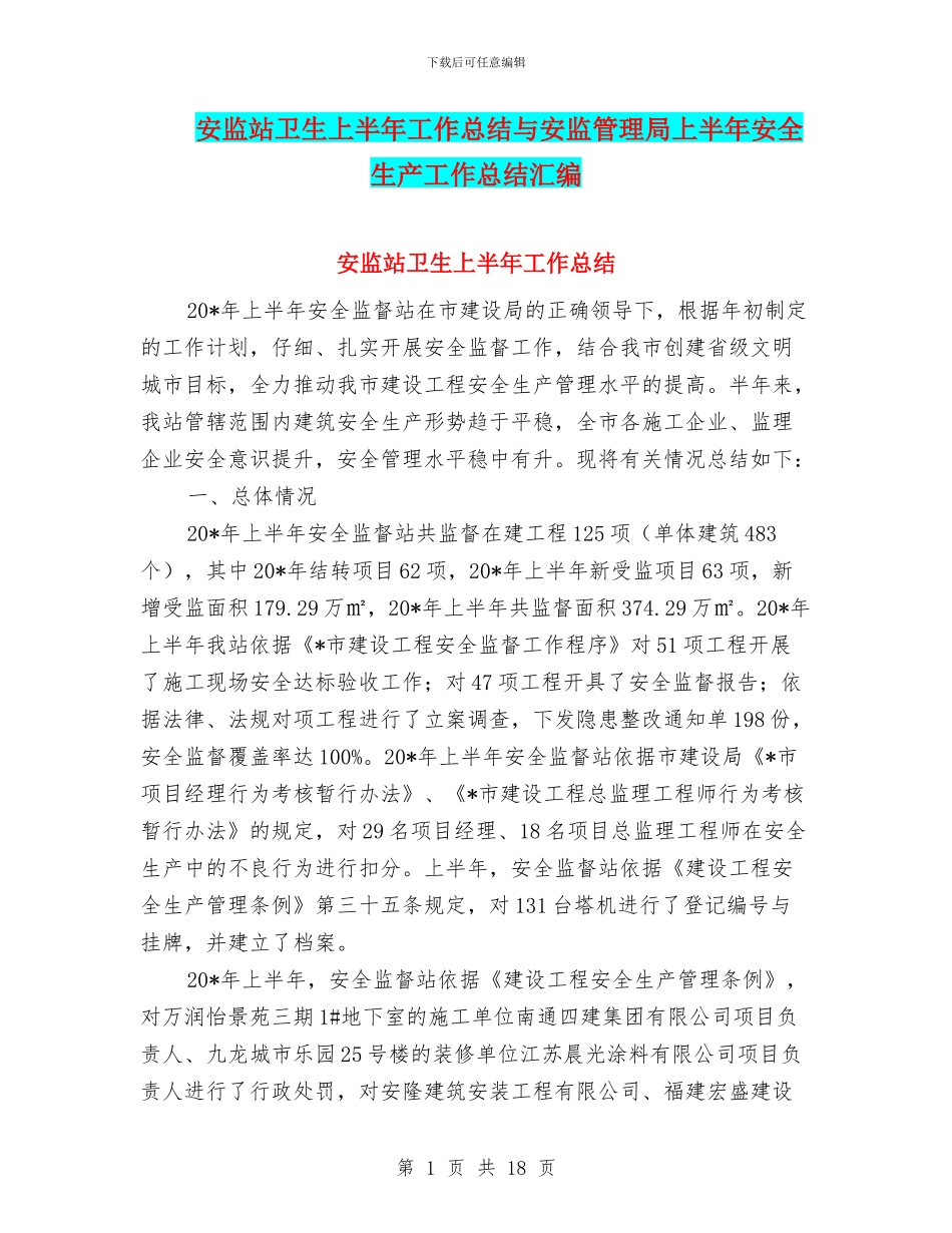 安监站卫生上半年工作总结与安监管理局上半年安全生产工作总结汇编_第1页