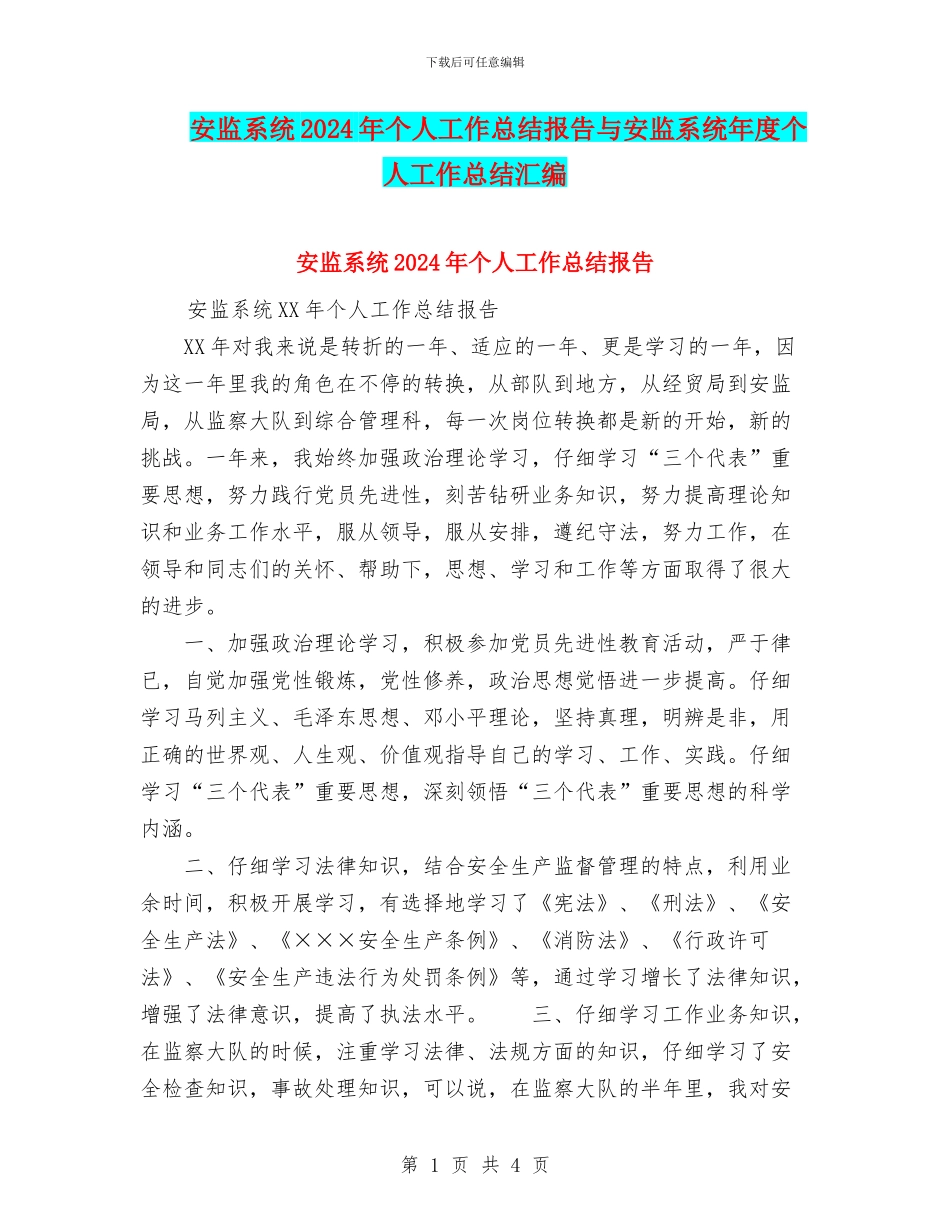 安监系统2024年个人工作总结报告与安监系统年度个人工作总结汇编_第1页