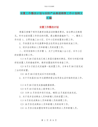 安置工作整改计划与安防产品渠道销售工作计划例文汇编
