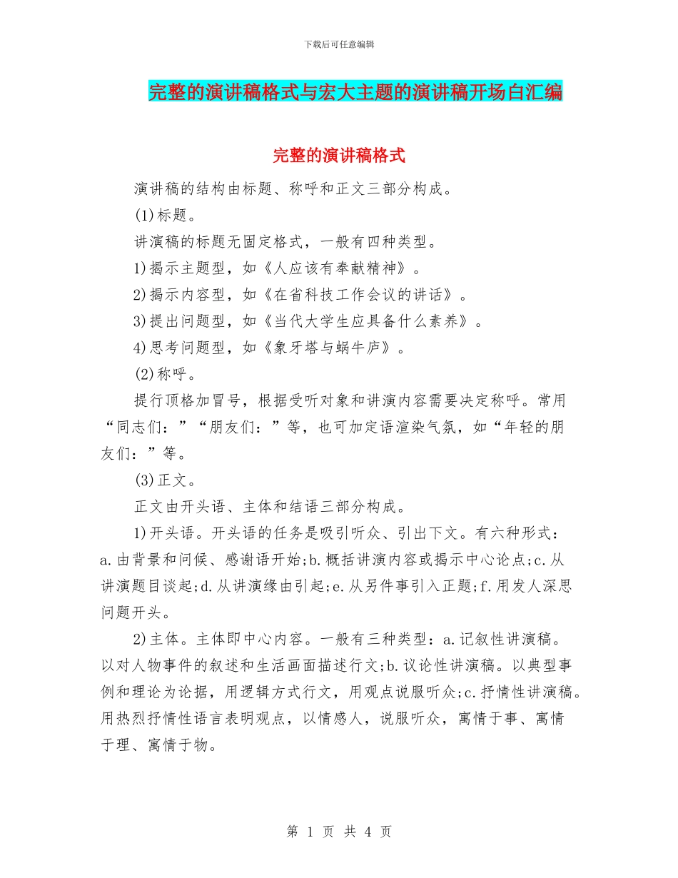 完整的演讲稿格式与宏大主题的演讲稿开场白汇编_第1页