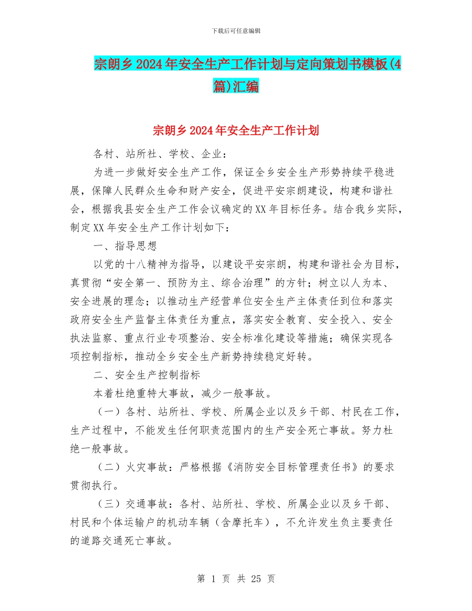 宗朗乡2024年安全生产工作计划与定向策划书模板汇编_第1页