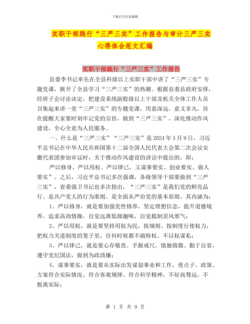 实职干部践行“三严三实”工作报告与审计三严三实心得体会范文汇编_第1页