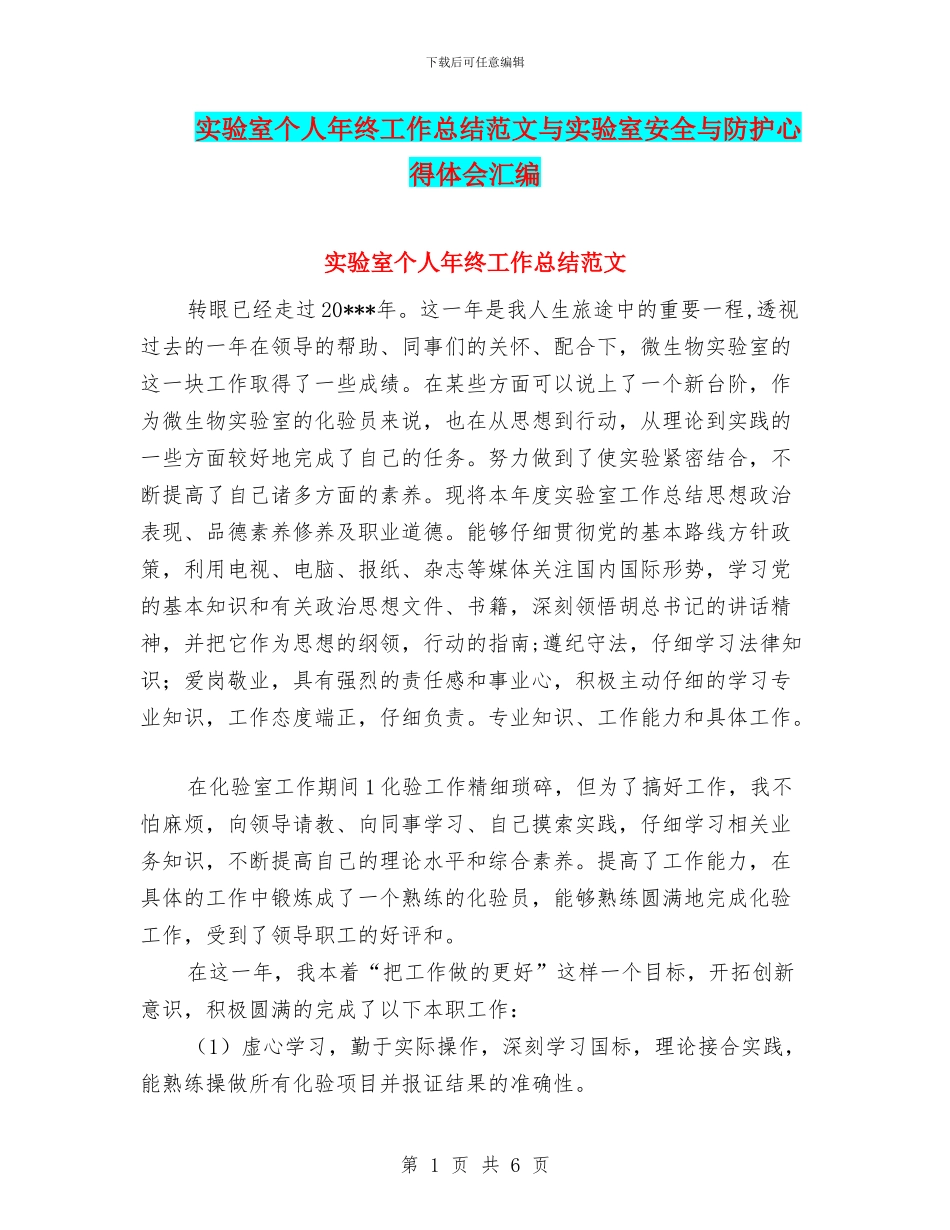 实验室个人年终工作总结范文与实验室安全与防护心得体会汇编_第1页