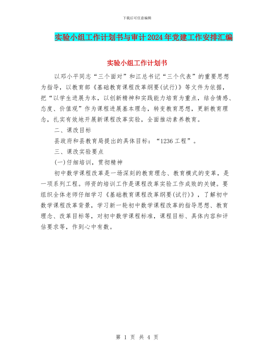 实验小组工作计划书与审计2024年党建工作安排汇编_第1页
