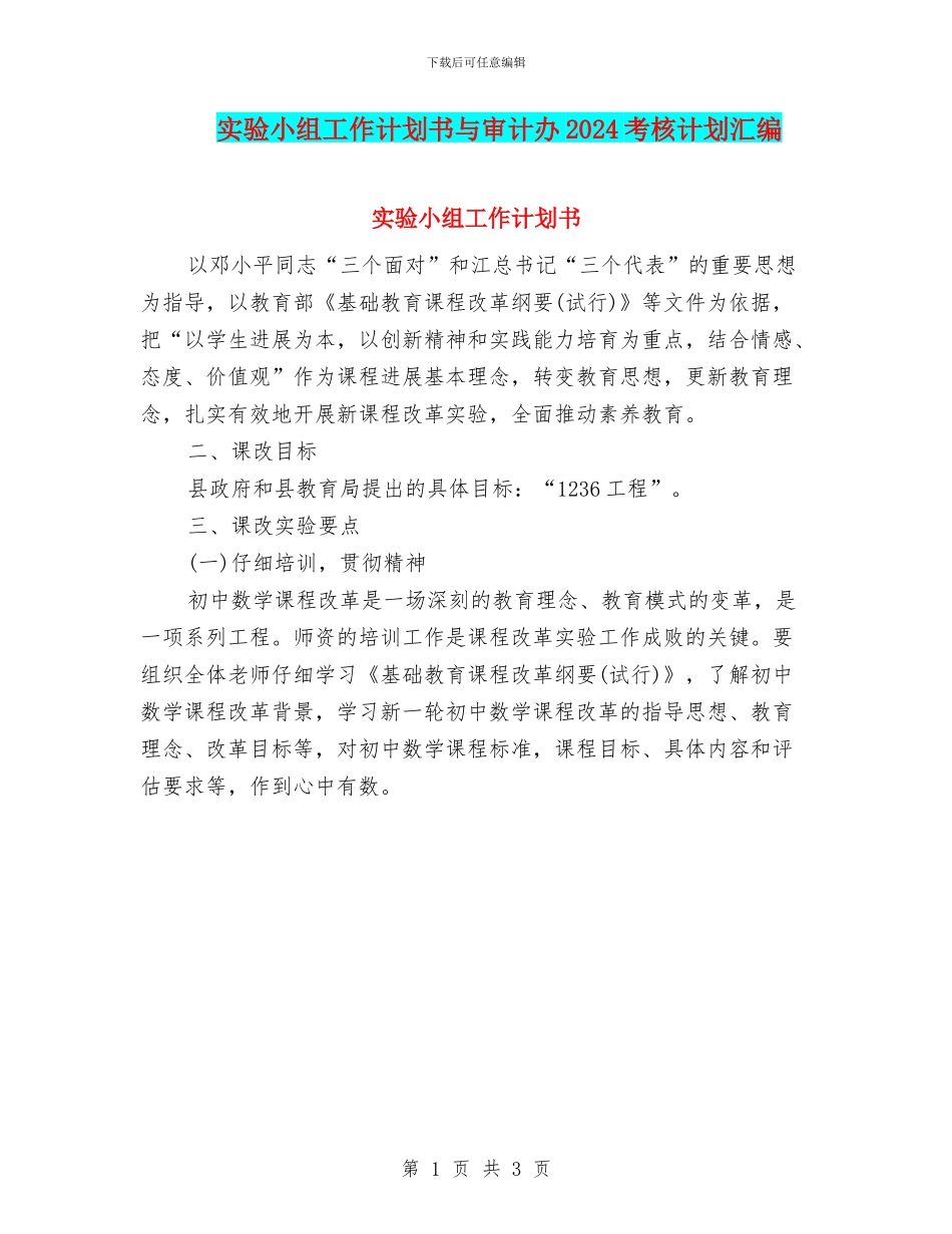 实验小组工作计划书与审计办2024考核计划汇编_第1页