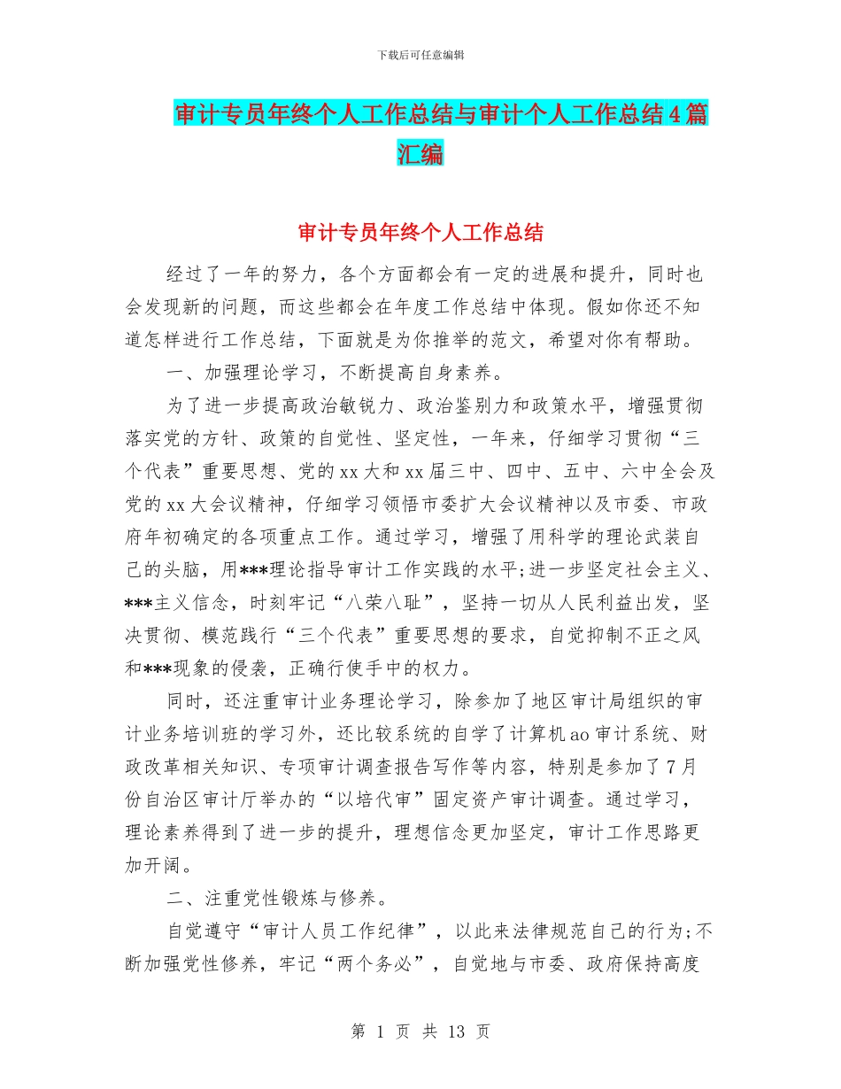 审计专员年终个人工作总结与审计个人工作总结4篇汇编_第1页