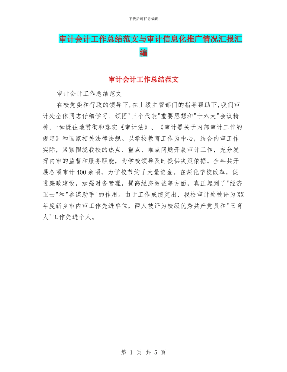 审计会计工作总结范文与审计信息化推广情况汇报汇编_第1页