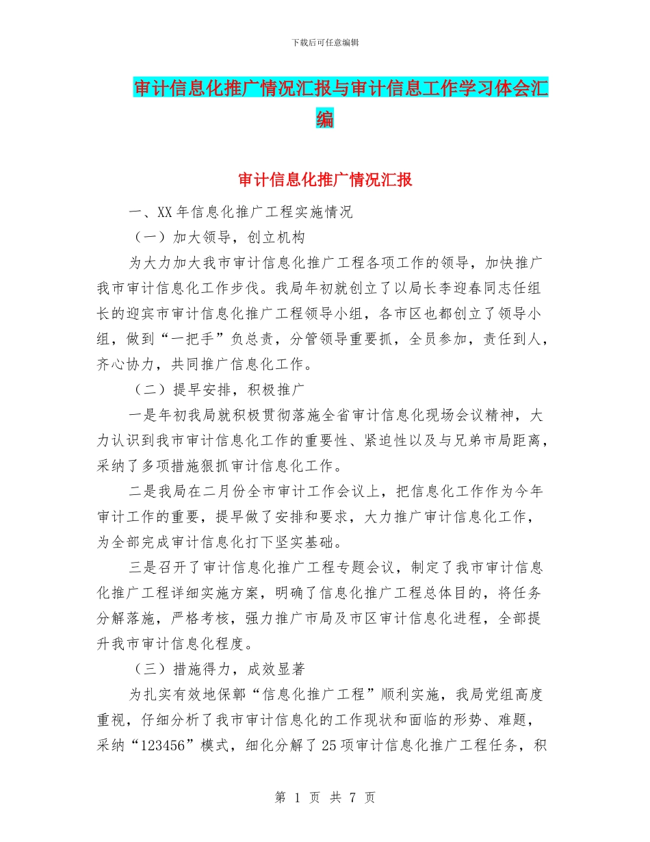 审计信息化推广情况汇报与审计信息工作学习体会汇编_第1页