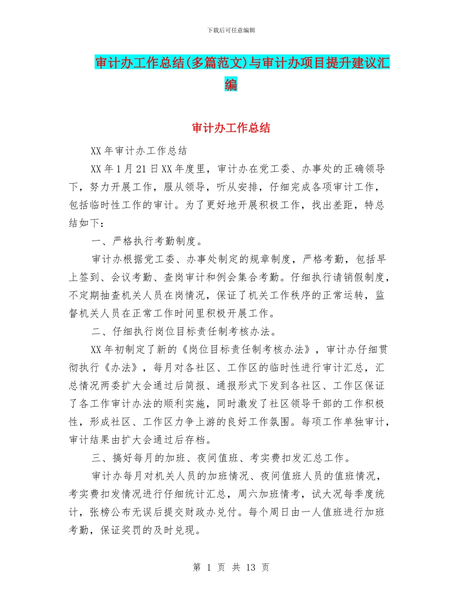 审计办工作总结与审计办项目提升建议汇编_第1页