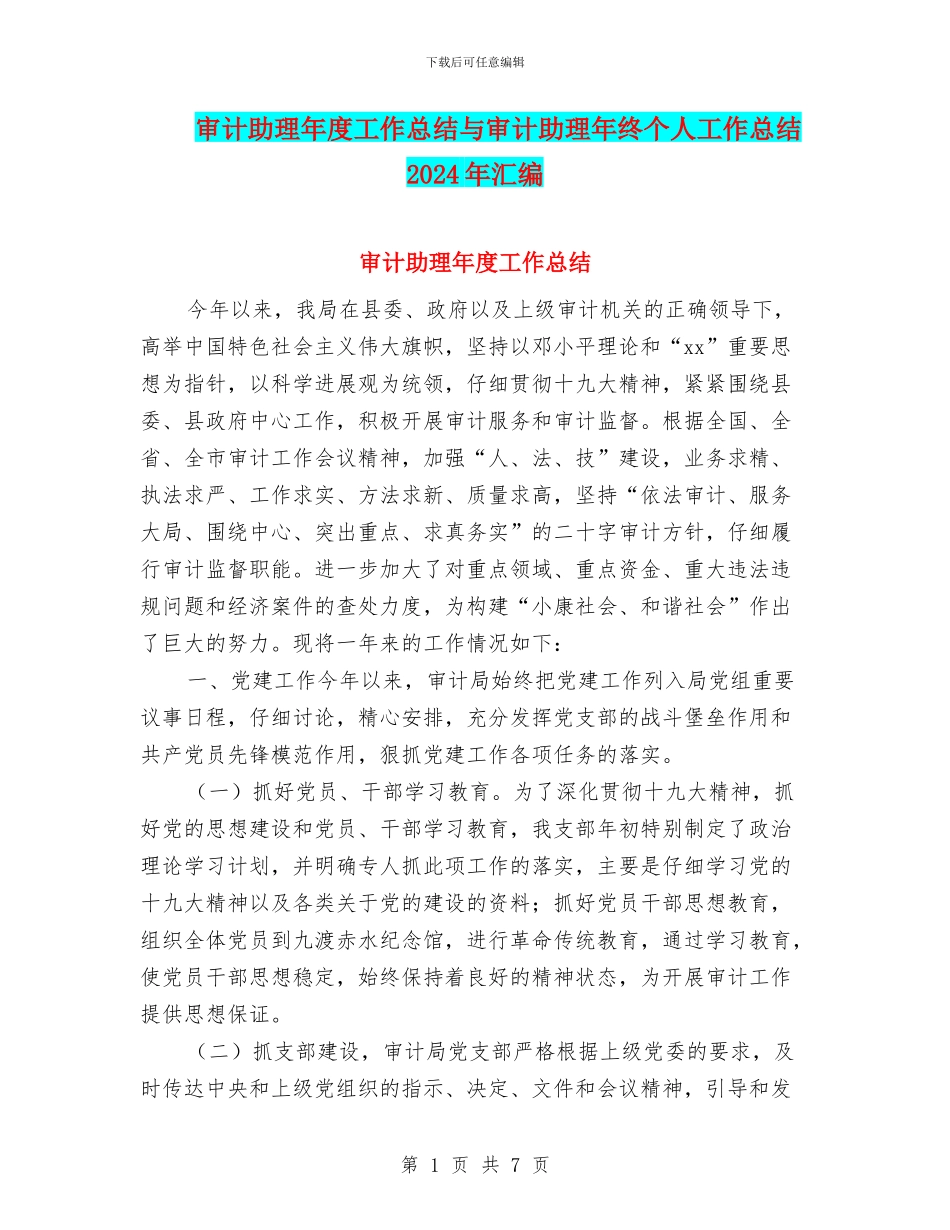 审计助理年度工作总结与审计助理年终个人工作总结2024年汇编_第1页
