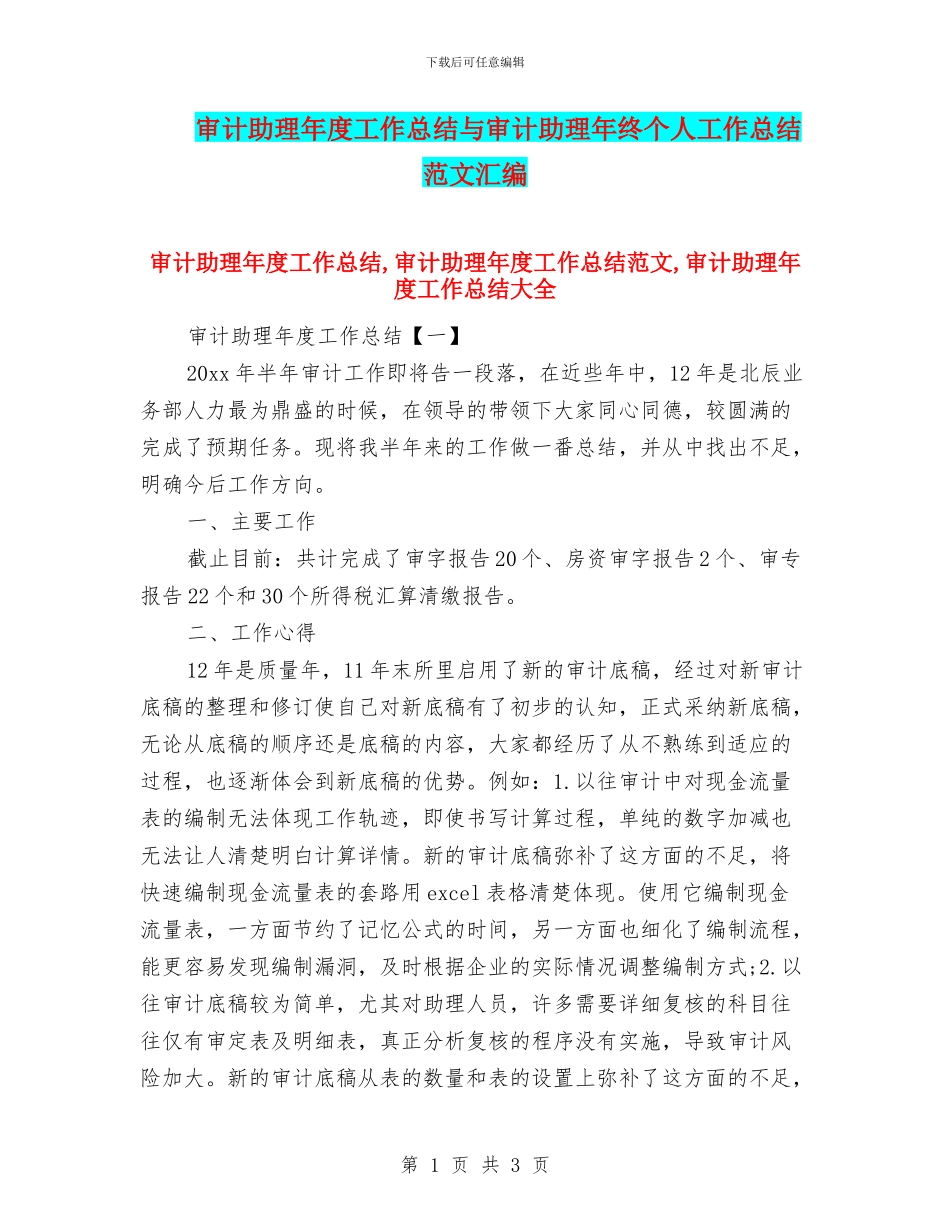 审计助理年度工作总结与审计助理年终个人工作总结范文汇编_第1页