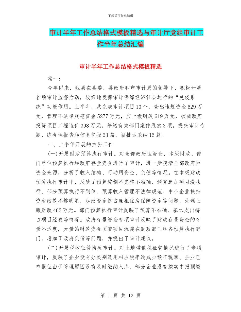 审计半年工作总结格式模板精选与审计厅党组审计工作半年总结汇编_第1页