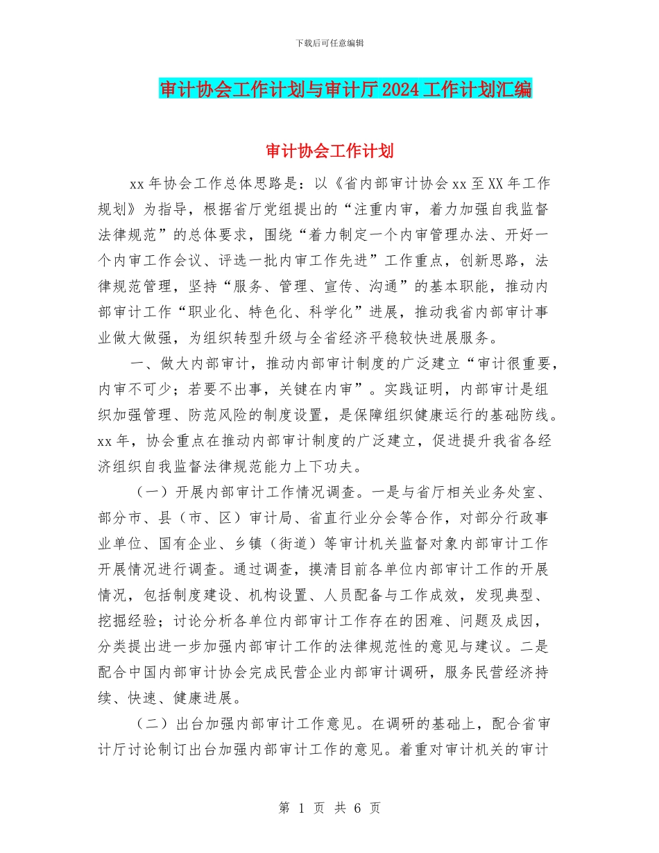 审计协会工作计划与审计厅2024工作计划汇编_第1页