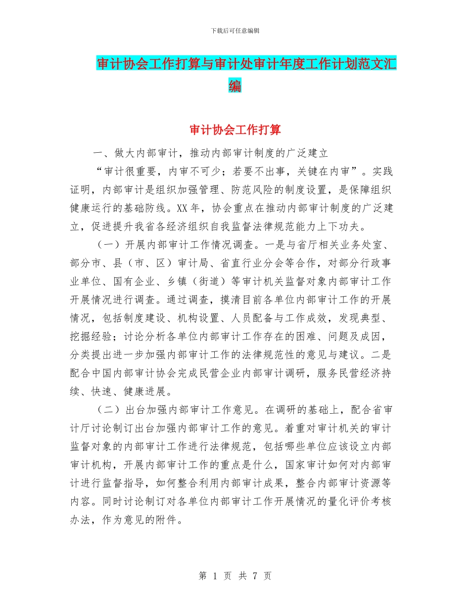 审计协会工作打算与审计处审计年度工作计划范文汇编_第1页