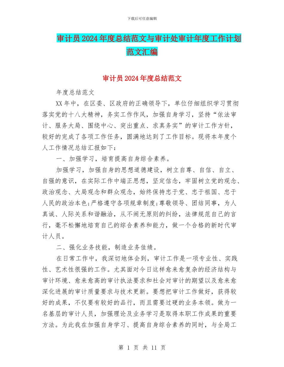 审计员2024年度总结范文与审计处审计年度工作计划范文汇编_第1页