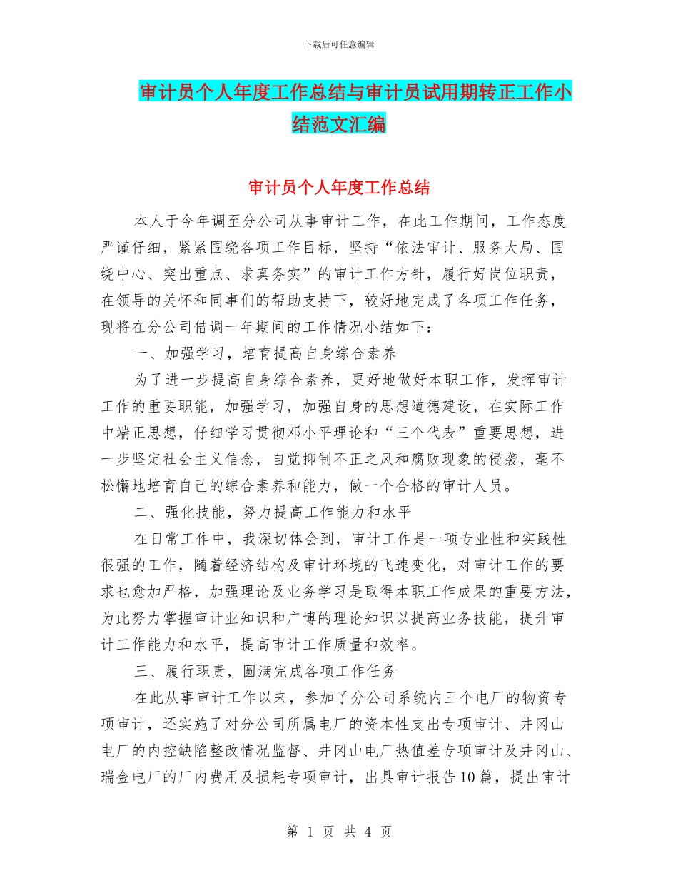 审计员个人年度工作总结与审计员试用期转正工作小结范文汇编_第1页
