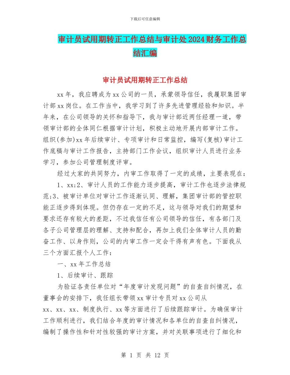 审计员试用期转正工作总结与审计处2024财务工作总结汇编_第1页