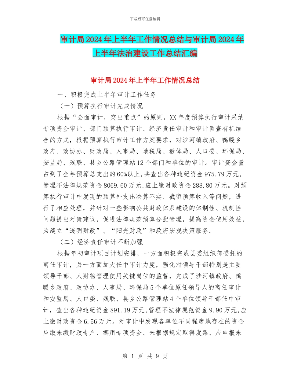 审计局2024年上半年工作情况总结与审计局2024年上半年法治建设工作总结汇编_第1页