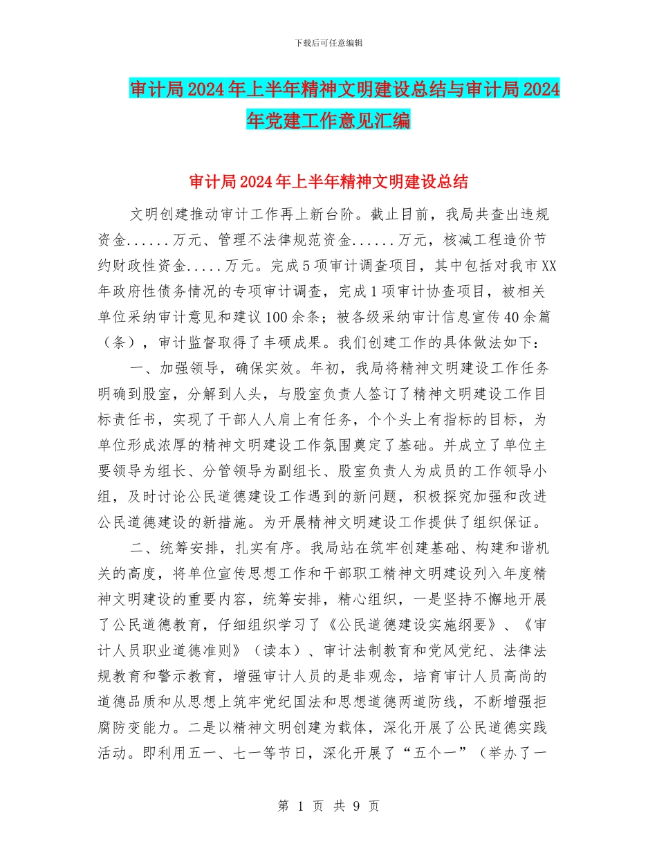 审计局2024年上半年精神文明建设总结与审计局2024年党建工作意见汇编_第1页