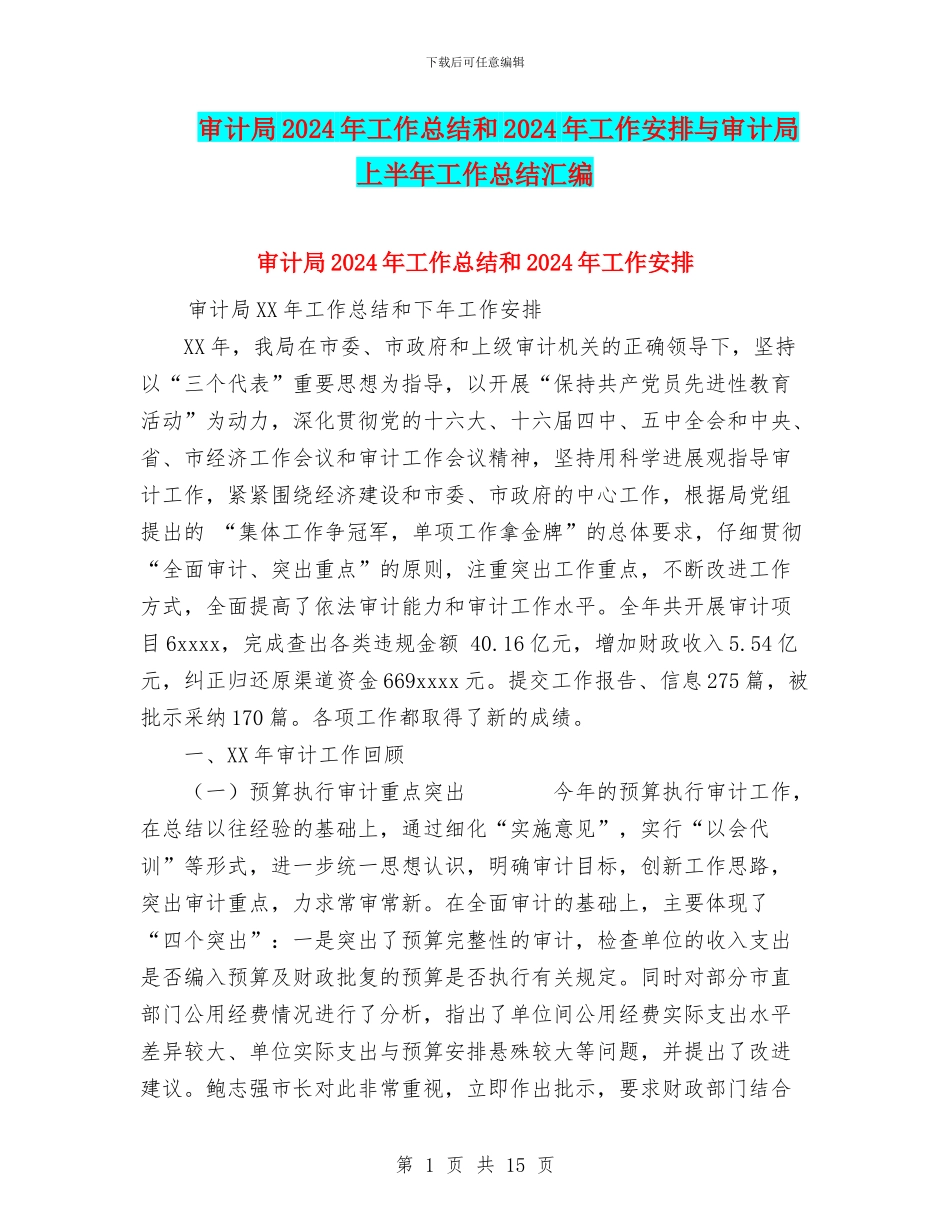 审计局2024年工作总结和2024年工作安排与审计局上半年工作总结汇编_第1页