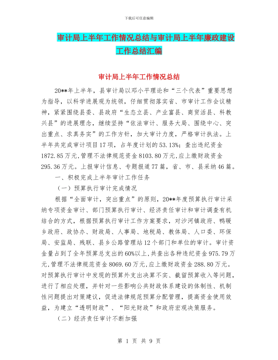 审计局上半年工作情况总结与审计局上半年廉政建设工作总结汇编_第1页