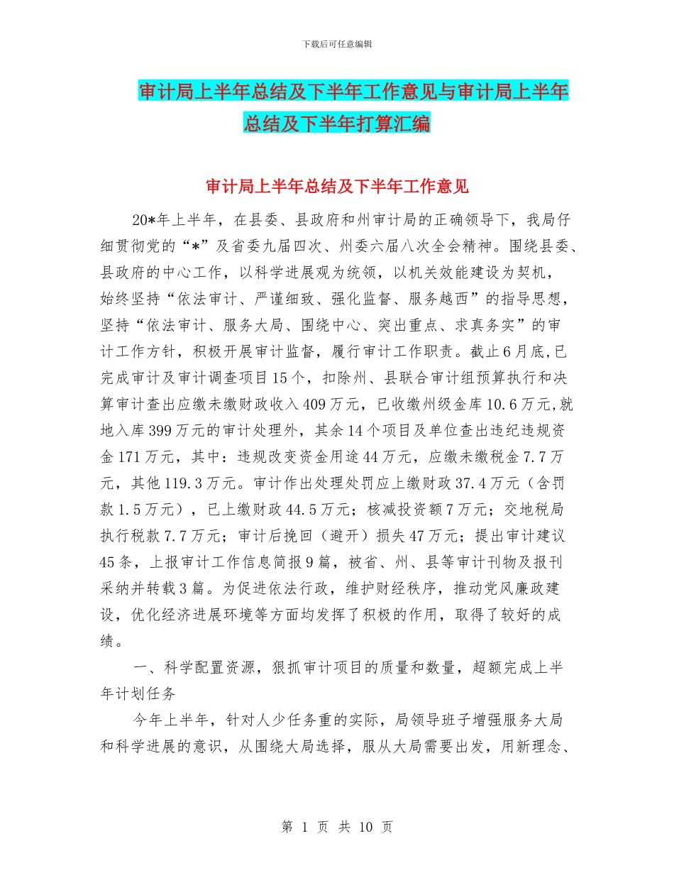 审计局上半年总结及下半年工作意见与审计局上半年总结及下半年打算汇编_第1页