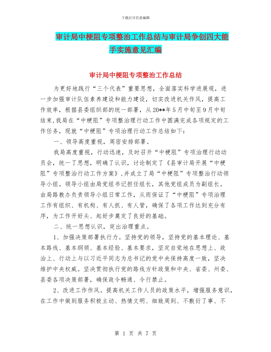 审计局中梗阻专项整治工作总结与审计局争创四大能手实施意见汇编_第1页