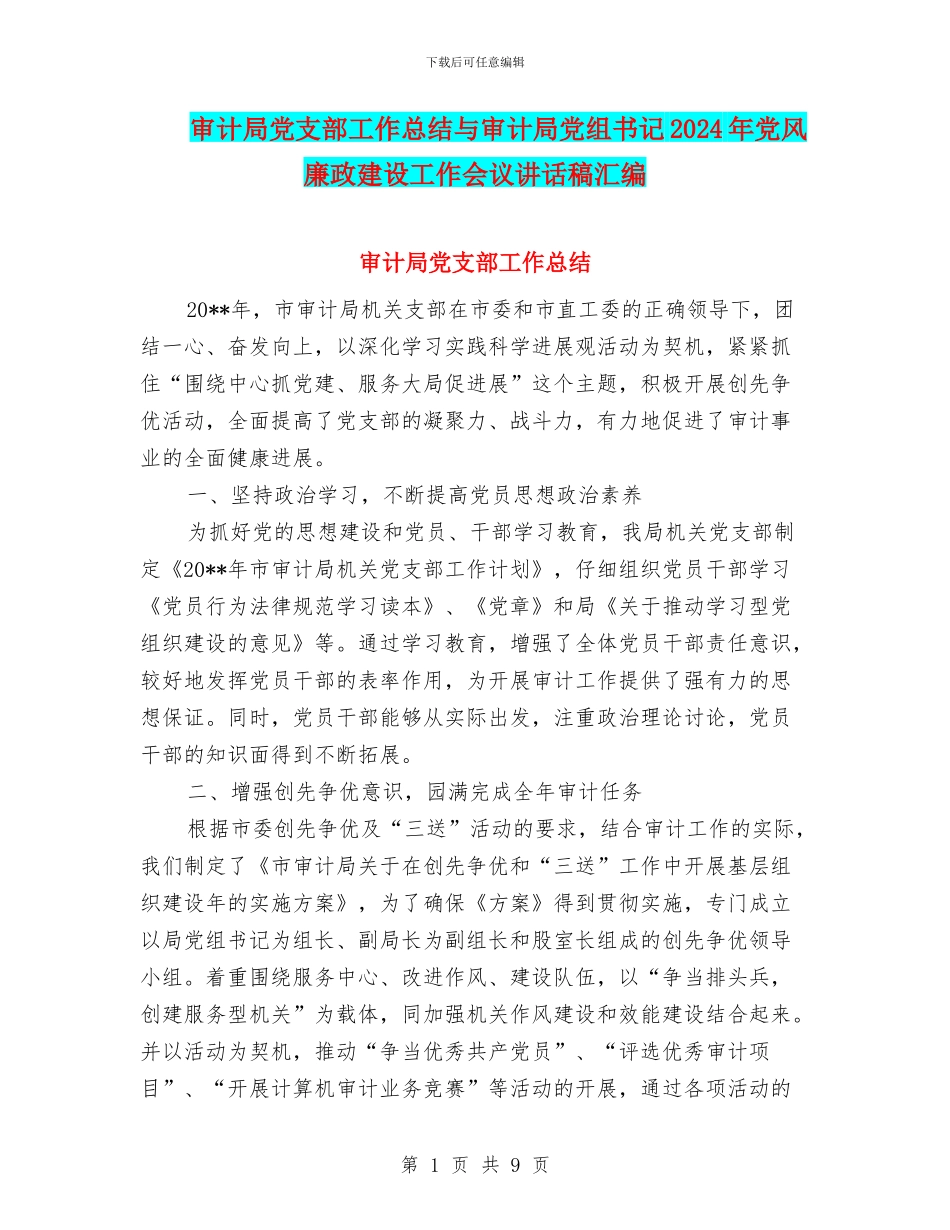 审计局党支部工作总结与审计局党组书记2024年党风廉政建设工作会议讲话稿汇编_第1页