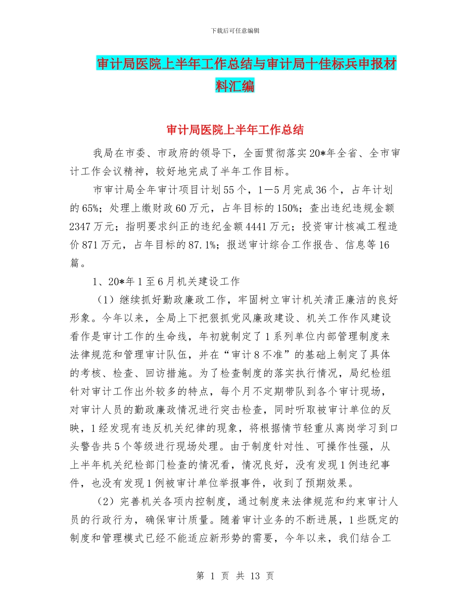 审计局医院上半年工作总结与审计局十佳标兵申报材料汇编_第1页