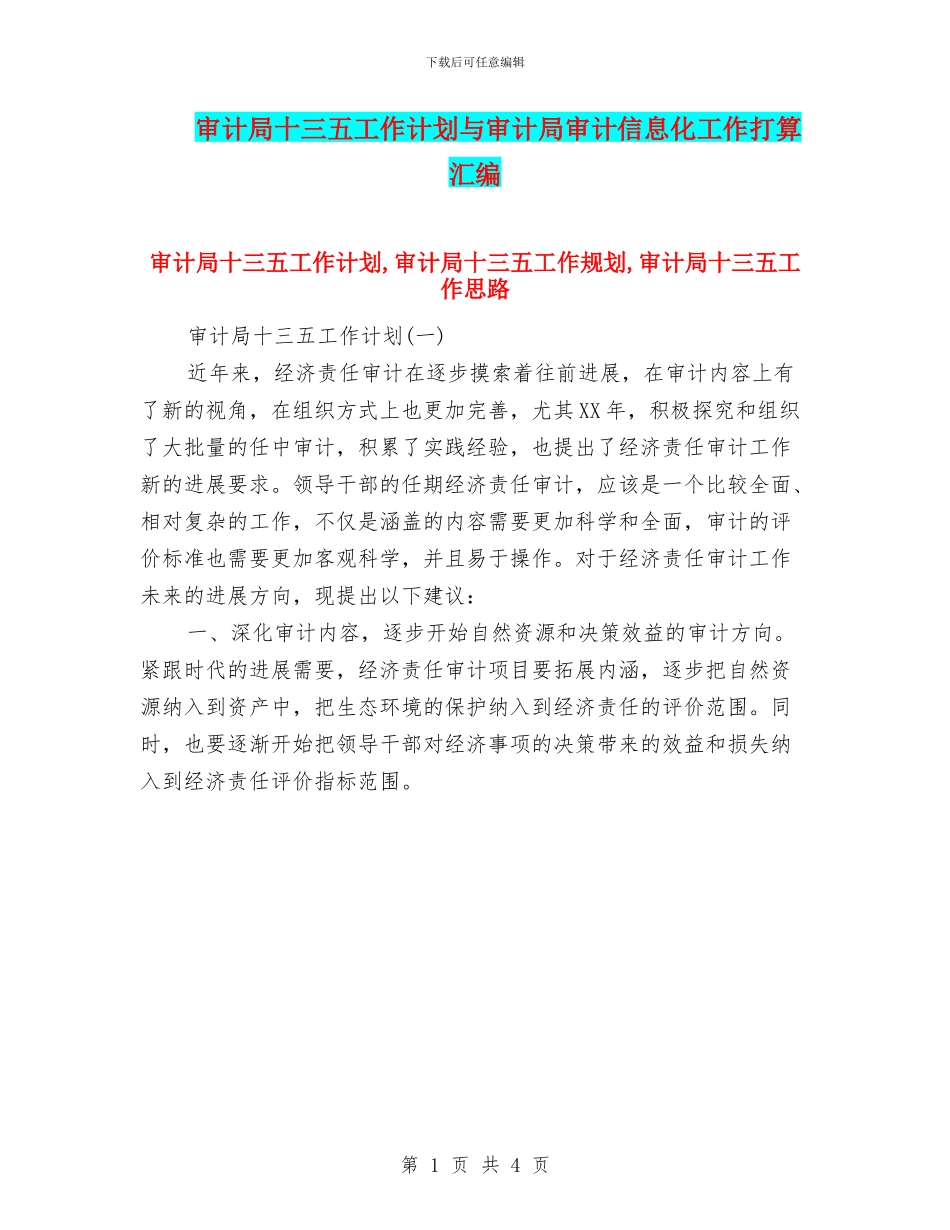 审计局十三五工作计划与审计局审计信息化工作打算汇编_第1页