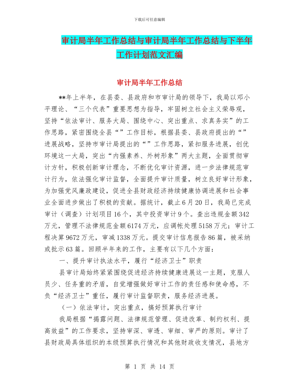 审计局半年工作总结与审计局半年工作总结与下半年工作计划范文汇编_第1页