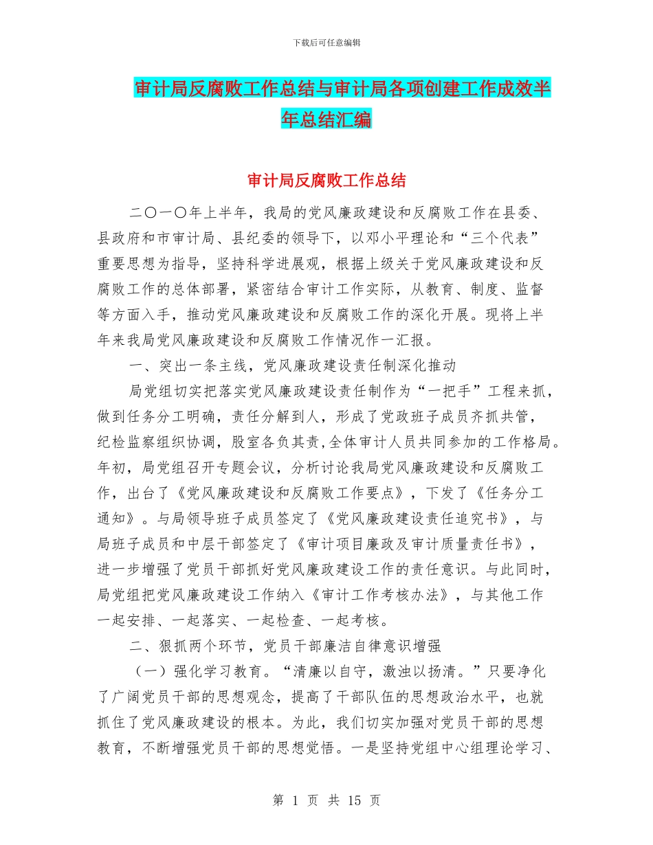 审计局反腐败工作总结与审计局各项创建工作成效半年总结汇编_第1页