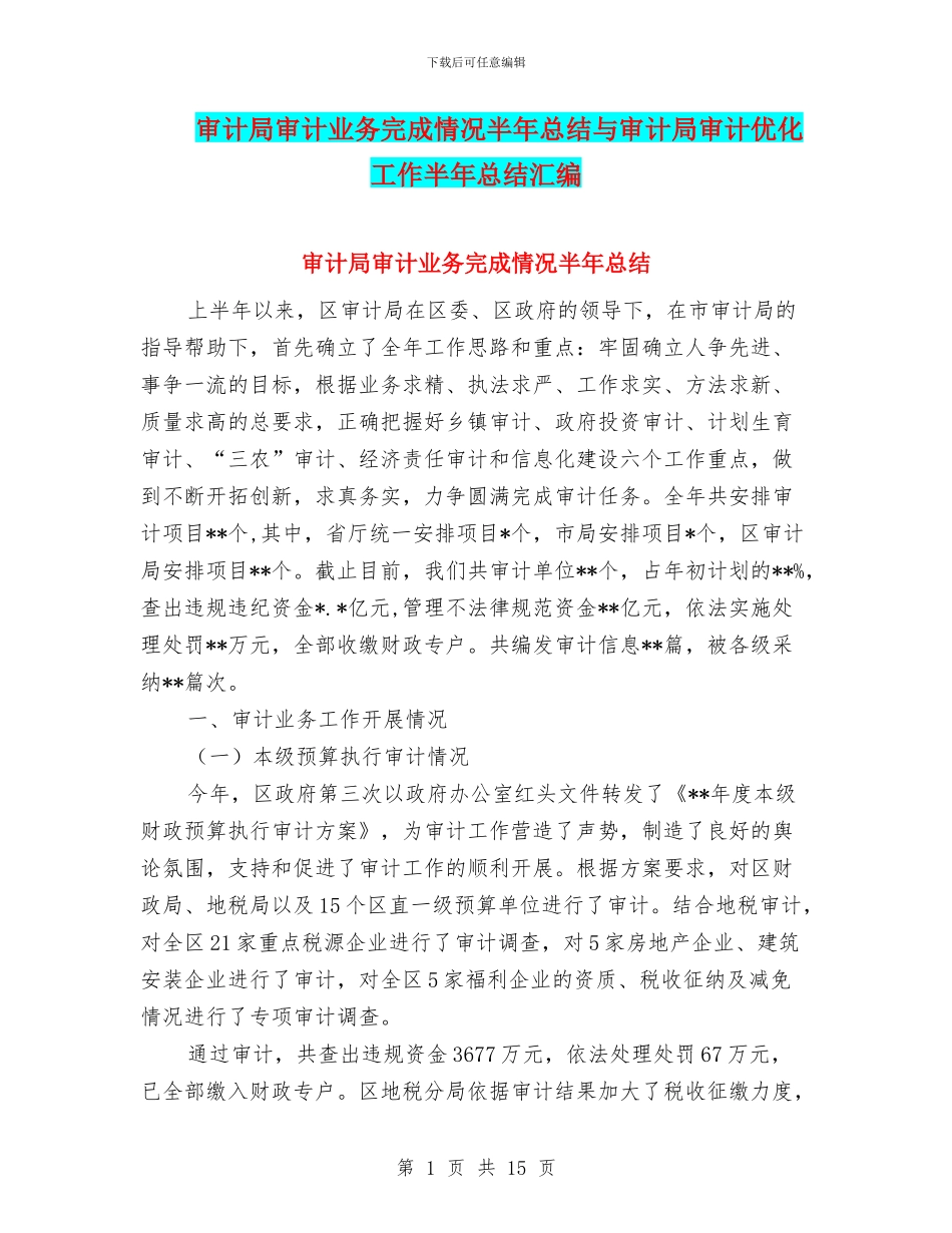 审计局审计业务完成情况半年总结与审计局审计优化工作半年总结汇编_第1页