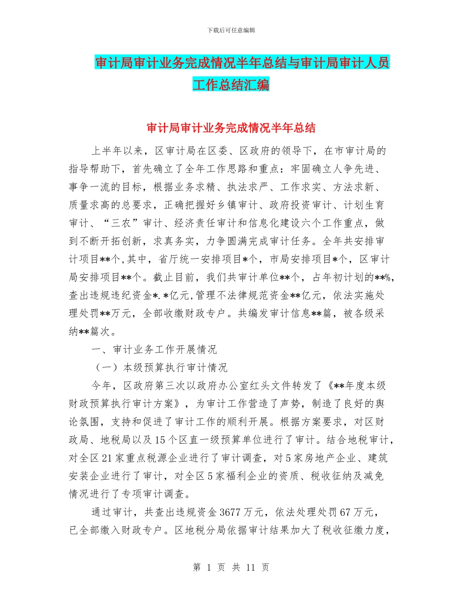 审计局审计业务完成情况半年总结与审计局审计人员工作总结汇编_第1页
