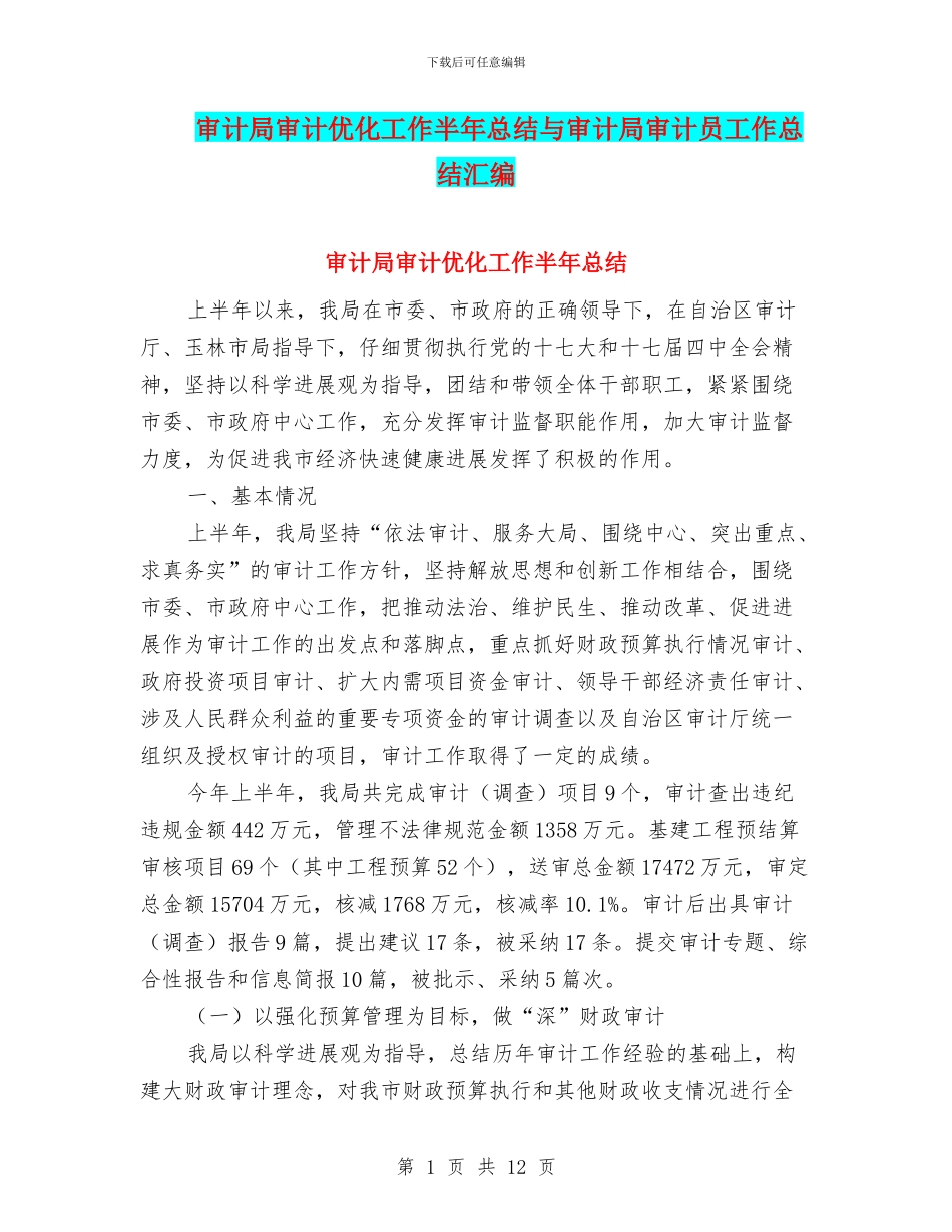 审计局审计优化工作半年总结与审计局审计员工作总结汇编_第1页